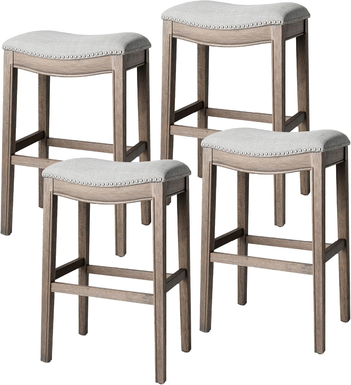 Adrien 31 Inch Bar Height Upholstered Backless Saddle Barstool in Reclaimed Oak Finish with Ash Grey Fabric Cushion Seat, Set of 4-0