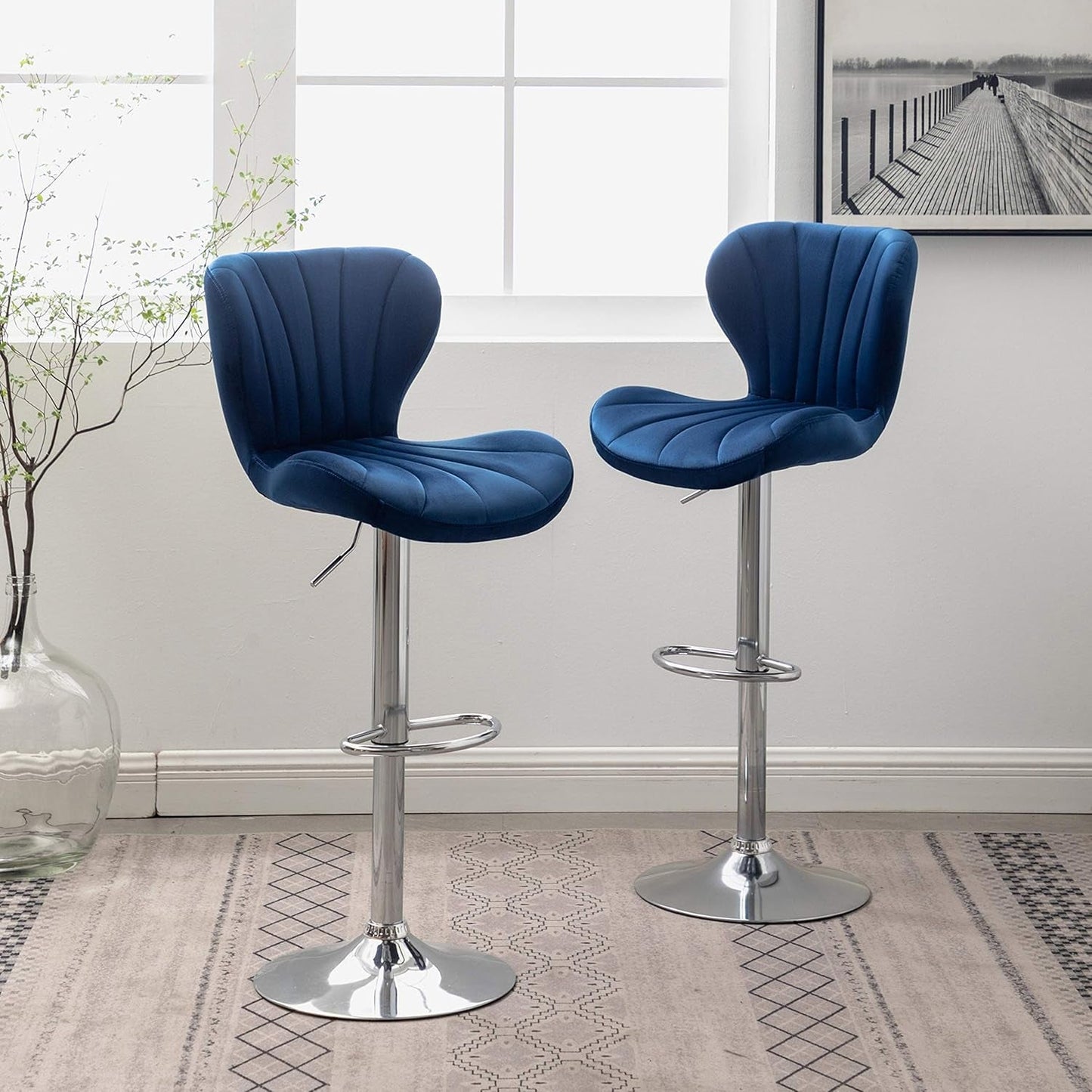 Ellston Velvet Adjustable Swivel Barstools in Blue, Set of 2-3