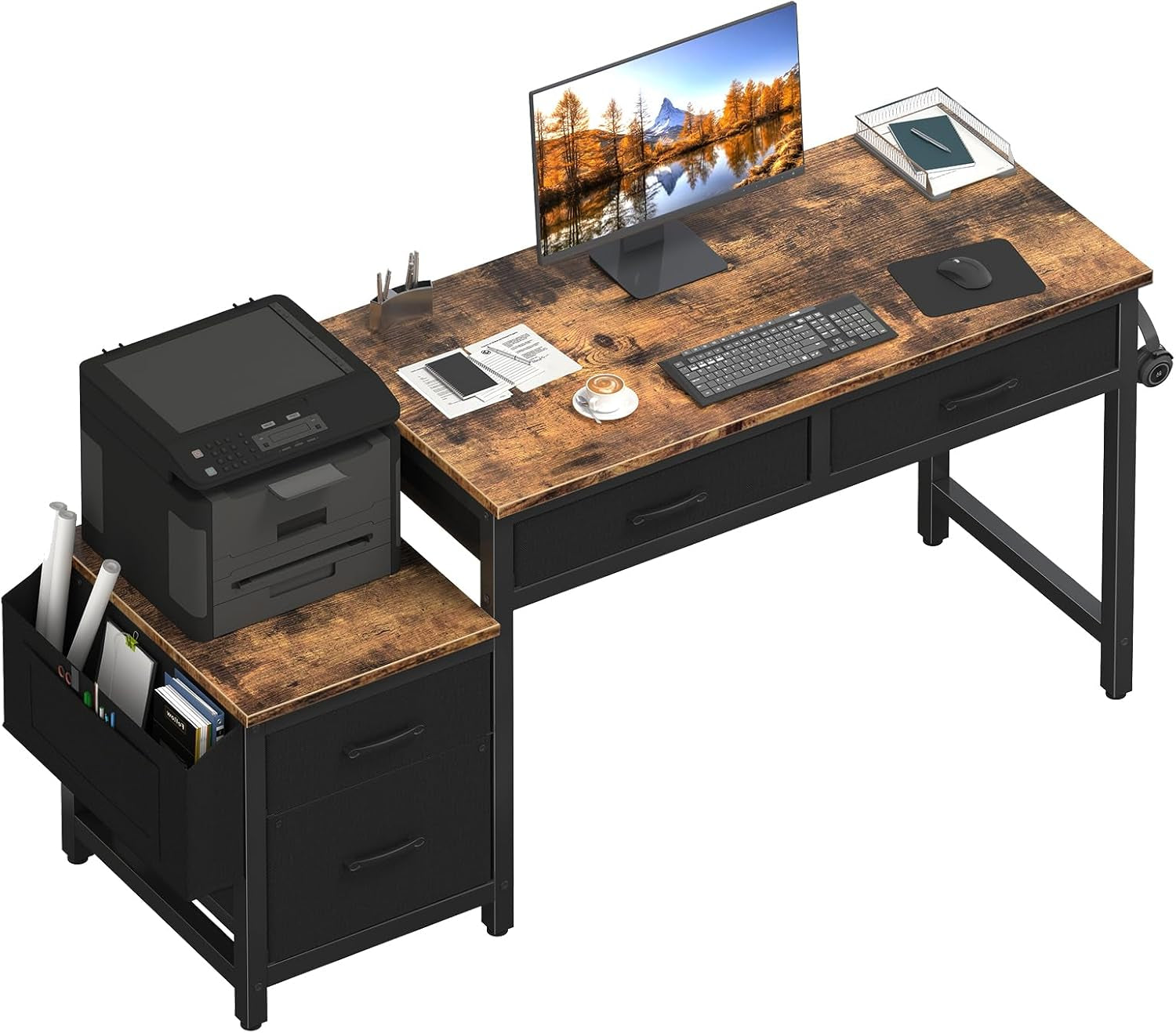 Computer Desk with Fabric File Drawers Cabinet, 57 Inch Home Office Desks with Filing Cabinet Printer Stand for Small Space, Study Writing Table PC Gaming Desks for Bedroom, Brown Black-0