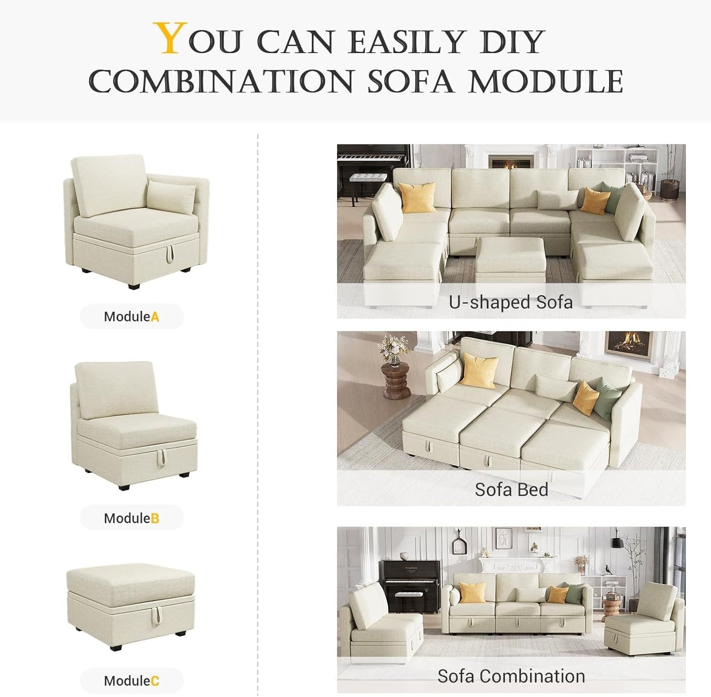 Beige Modular Sectional 5-Seat Chenille, Storage, Sleeper-2