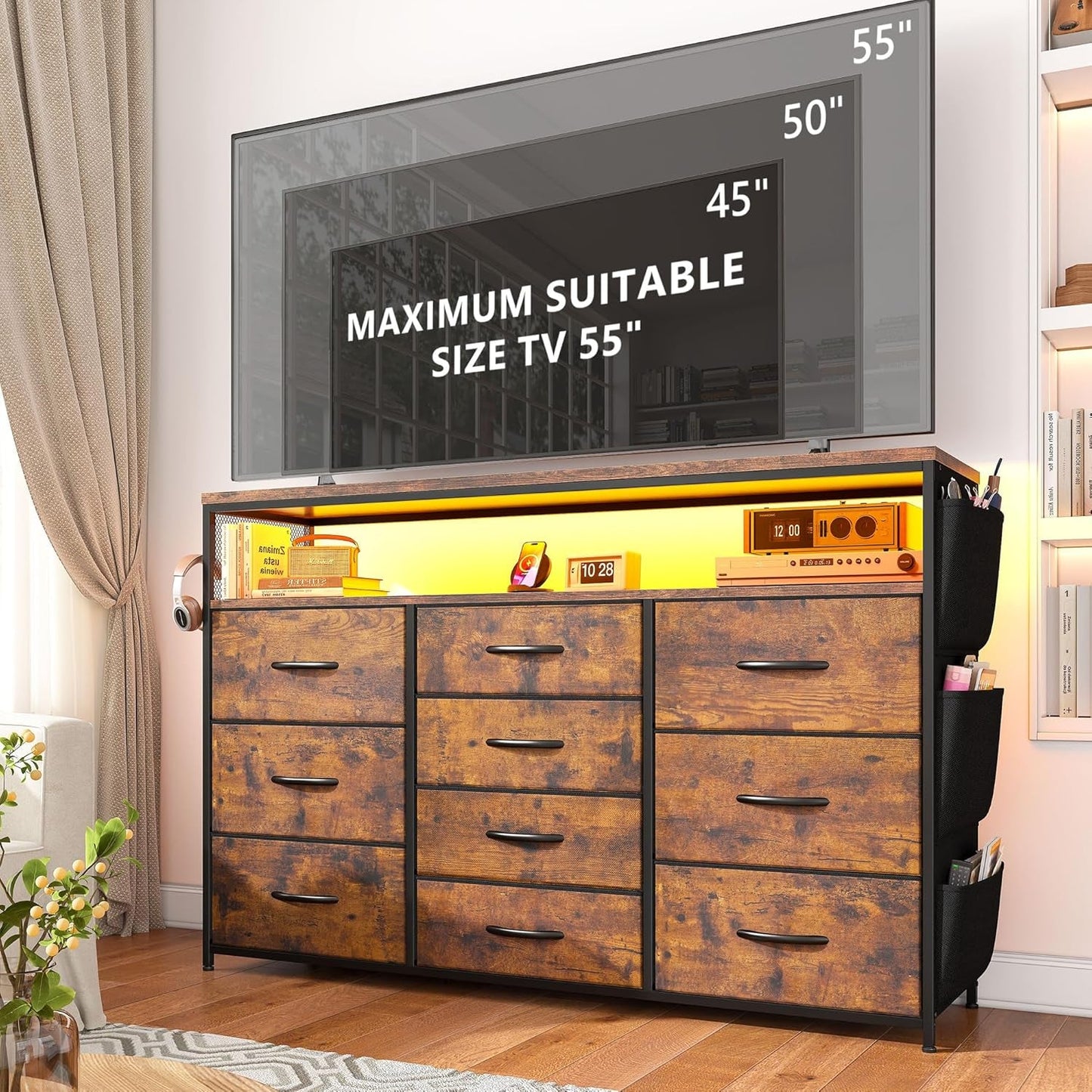 Dresser for Bedroom with 10 Fabric Drawers, Dresser with LED Lights & Power Outlets, 55" TV Stand Dresser with Side Pockets and Wood Open Shelves for Bedroom, Entryway, Rustic Brown-4