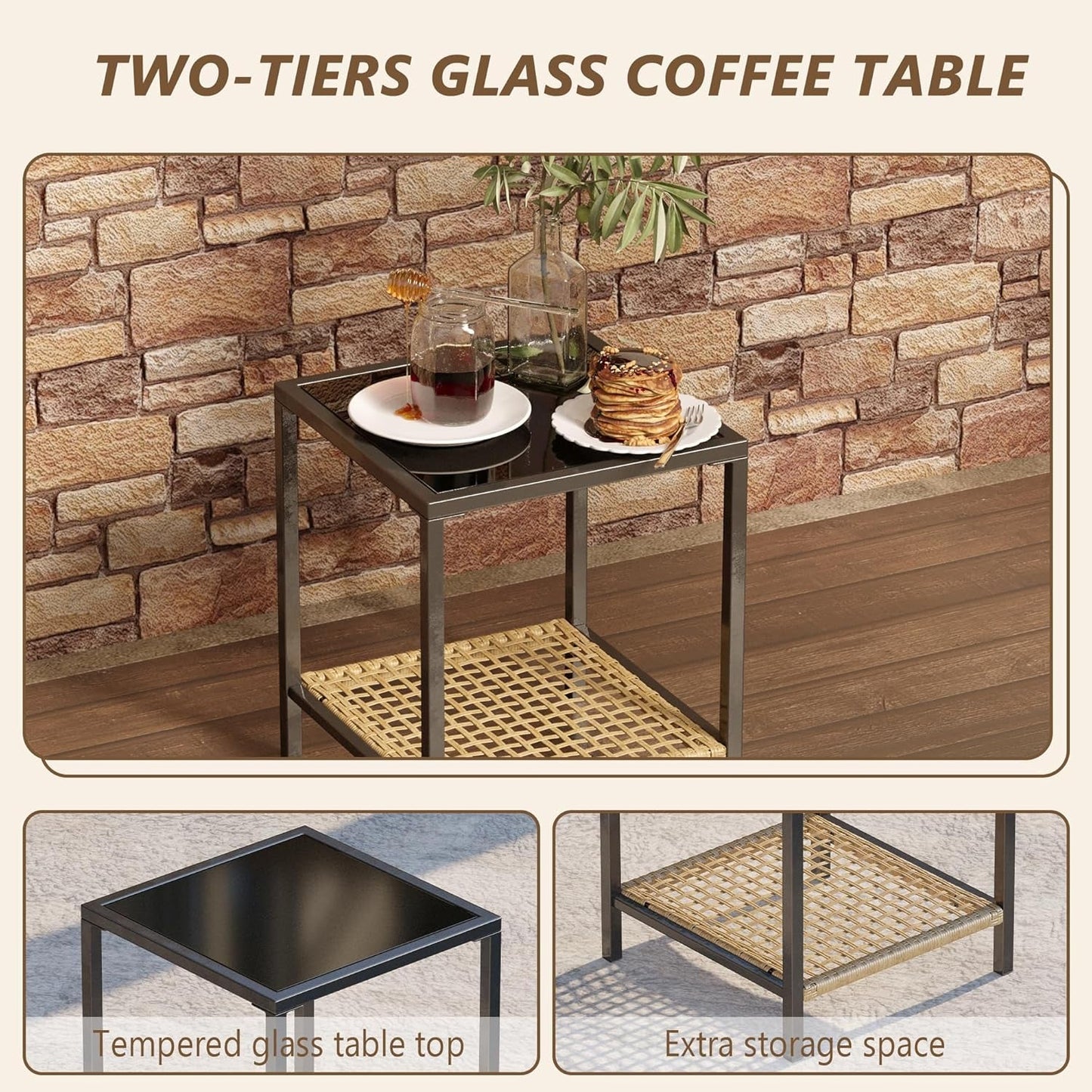 3 Piece Patio Rocking Chairs Set of 2, Outdoor Rocking Chair Bistro Set with Tempered Glass Coffee Table and Thick Lumbar Pillow Set, Front Porch Chairs for Garden, Backyard, Poolside (Beige)-3