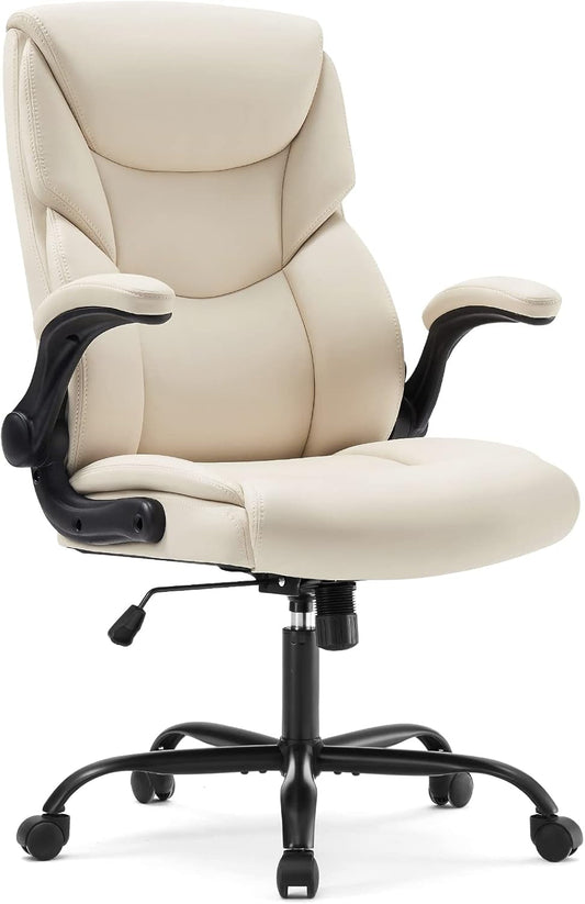 Office Chair - Ergonomic Executive Computer Desk Chairs with Adjustable Flip-Up Armrest, Swivel Task Chair with Lumbar Support, Strong Metal Base, PU Leather, White-0
