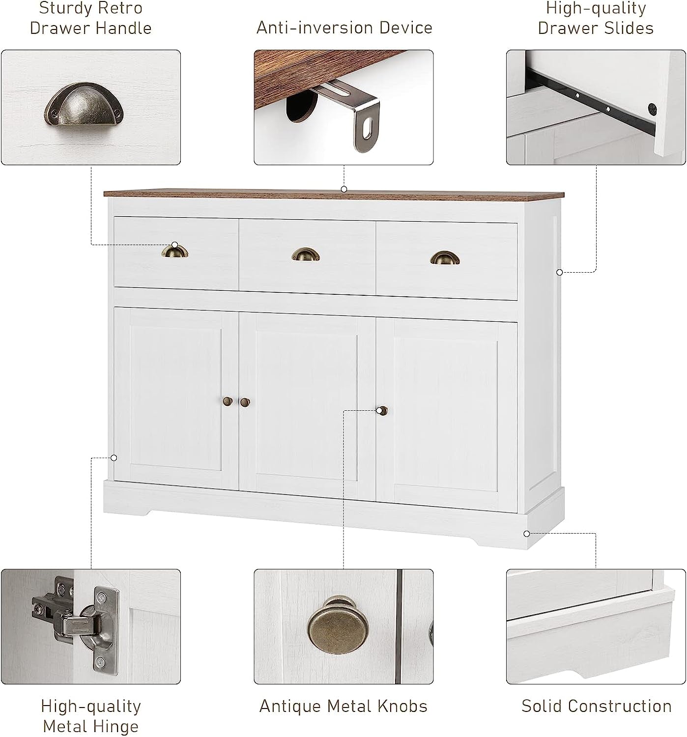 Buffet Cabinet Storage Kitchen Cabinet Sideboard Farmhouse Buffet Server, Antique White-4