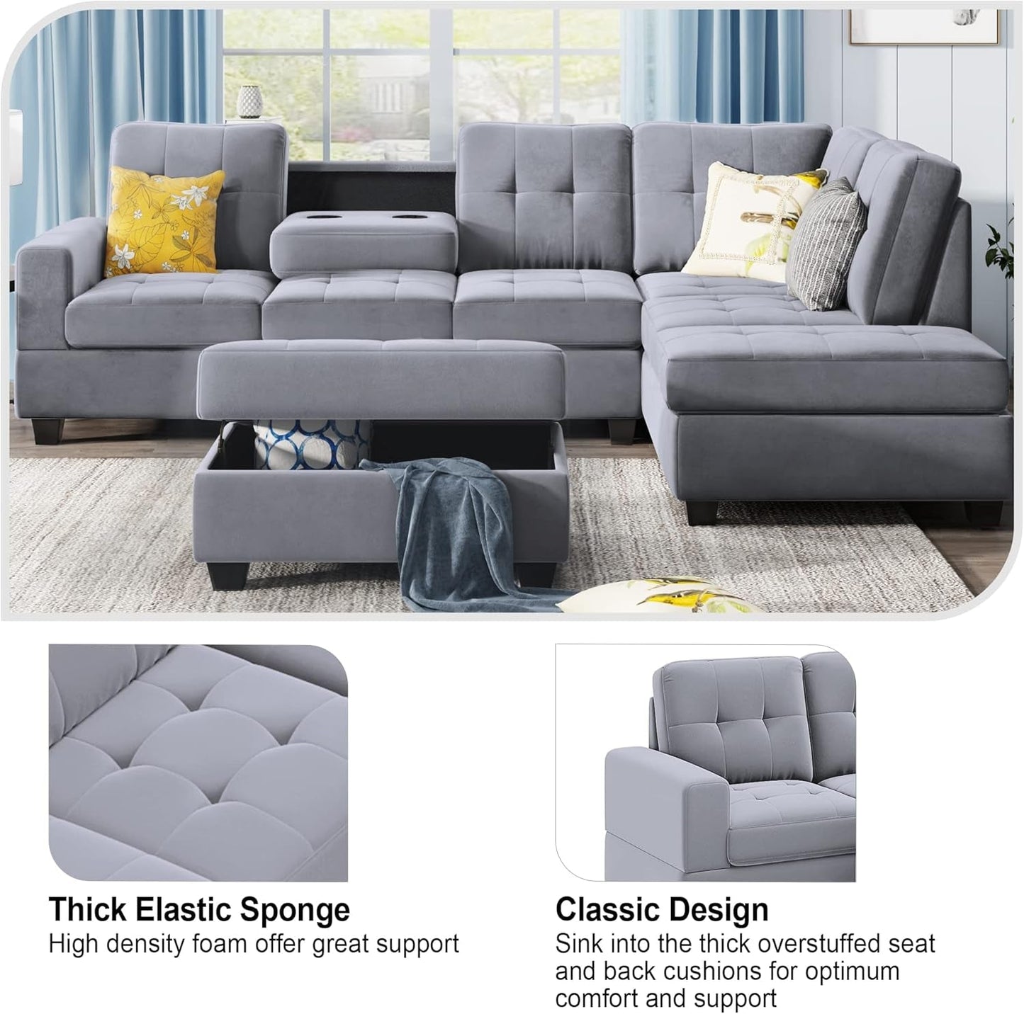 Sectional Sofa with Reversible Chaise Lounge, L-Shaped Sofa with Storage Ottoman and Cup Holders, Sectional Couches Living Room Furniture Sets (Antique Gray)-3