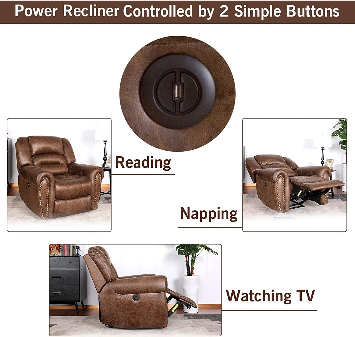Electric Recliner Chair W/Breathable Bonded Leather, Classic Single Sofa Home Theater Recliner Seating W/USB Port (Nut Brown)-4