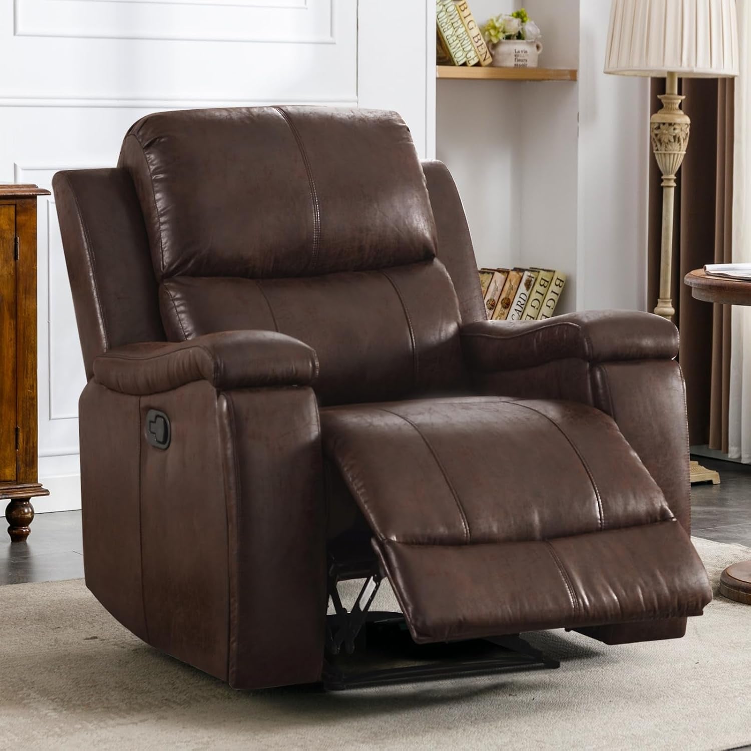 Leather Recliner Chair, Classic and Traditional Manual Recliner Chair with Overstuffed Arms and Back, Manual Single Sofa with Concealed Cup Holders,Red Brown-0