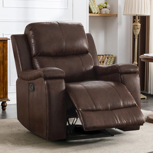 Leather Recliner Chair, Classic and Traditional Manual Recliner Chair with Overstuffed Arms and Back, Manual Single Sofa with Concealed Cup Holders,Red Brown-0