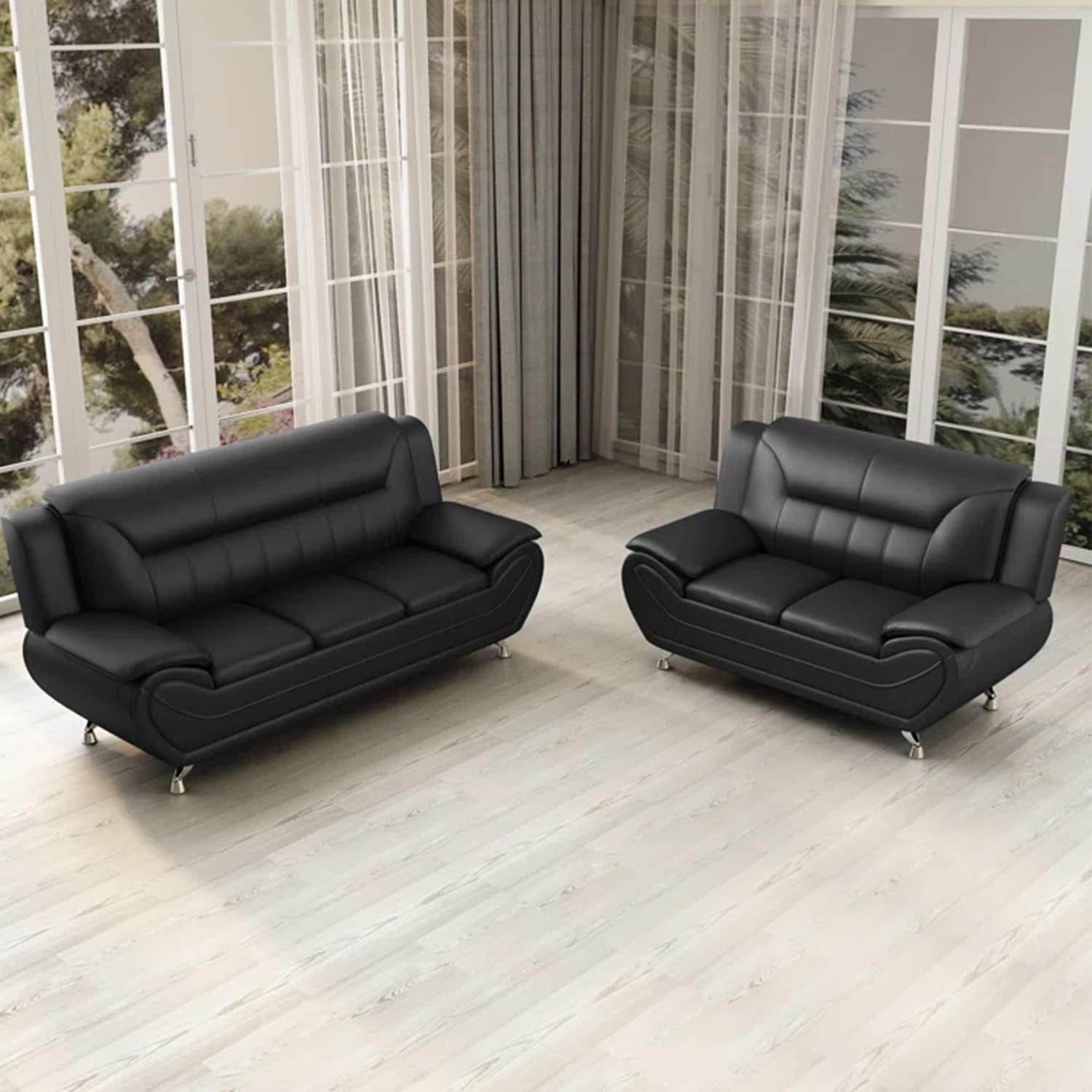 Modern Living Room Furniture Set,Leather Sofa Set for Living Room,Leather Couch Living Room Set for Office (Sofa and Loveseat Set,Black 2)-0