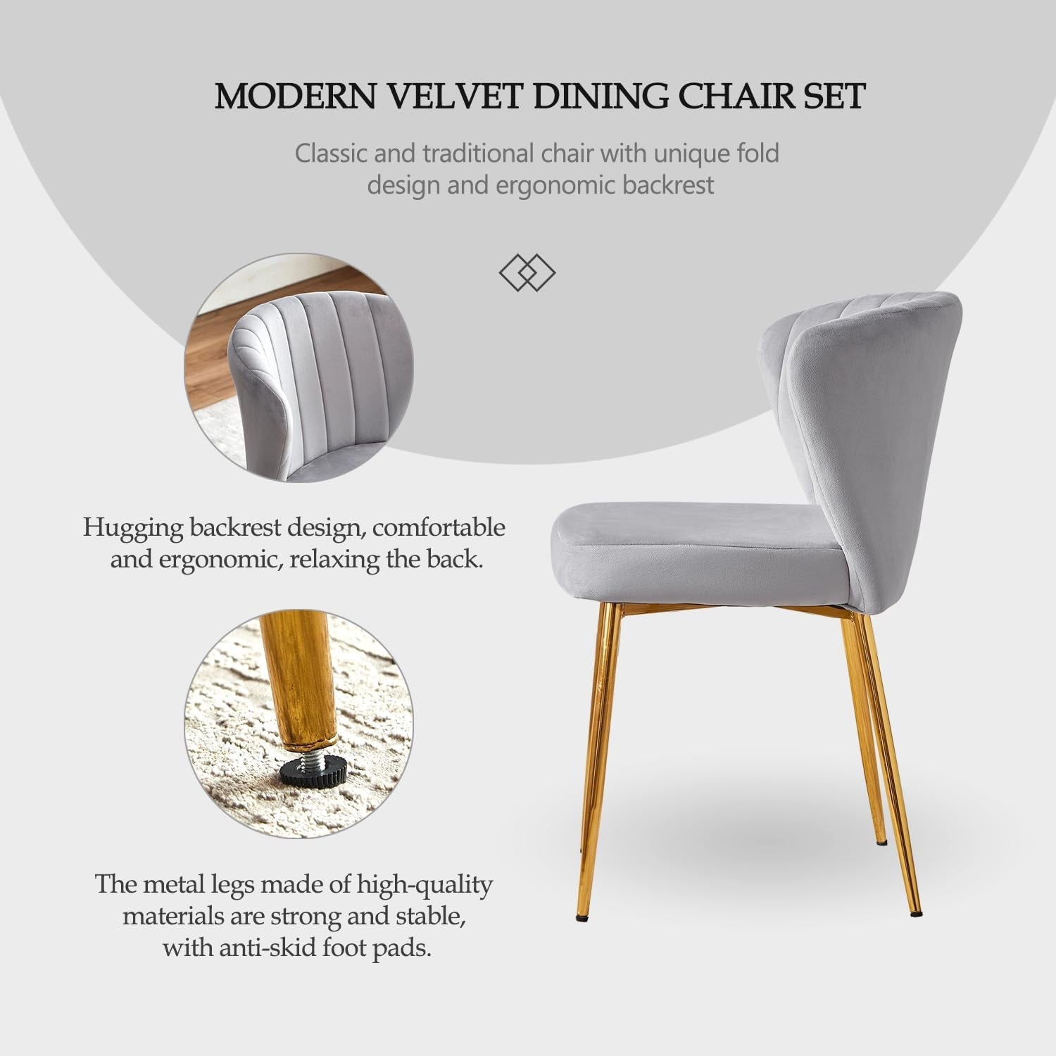 Velvet Dining Chairs Set of 4, Modern Dining Chairs with Golden Metal Legs, Tufted Upholstered Dining Chairs for Dining Room/Kitchen/Vanity, Grey-3