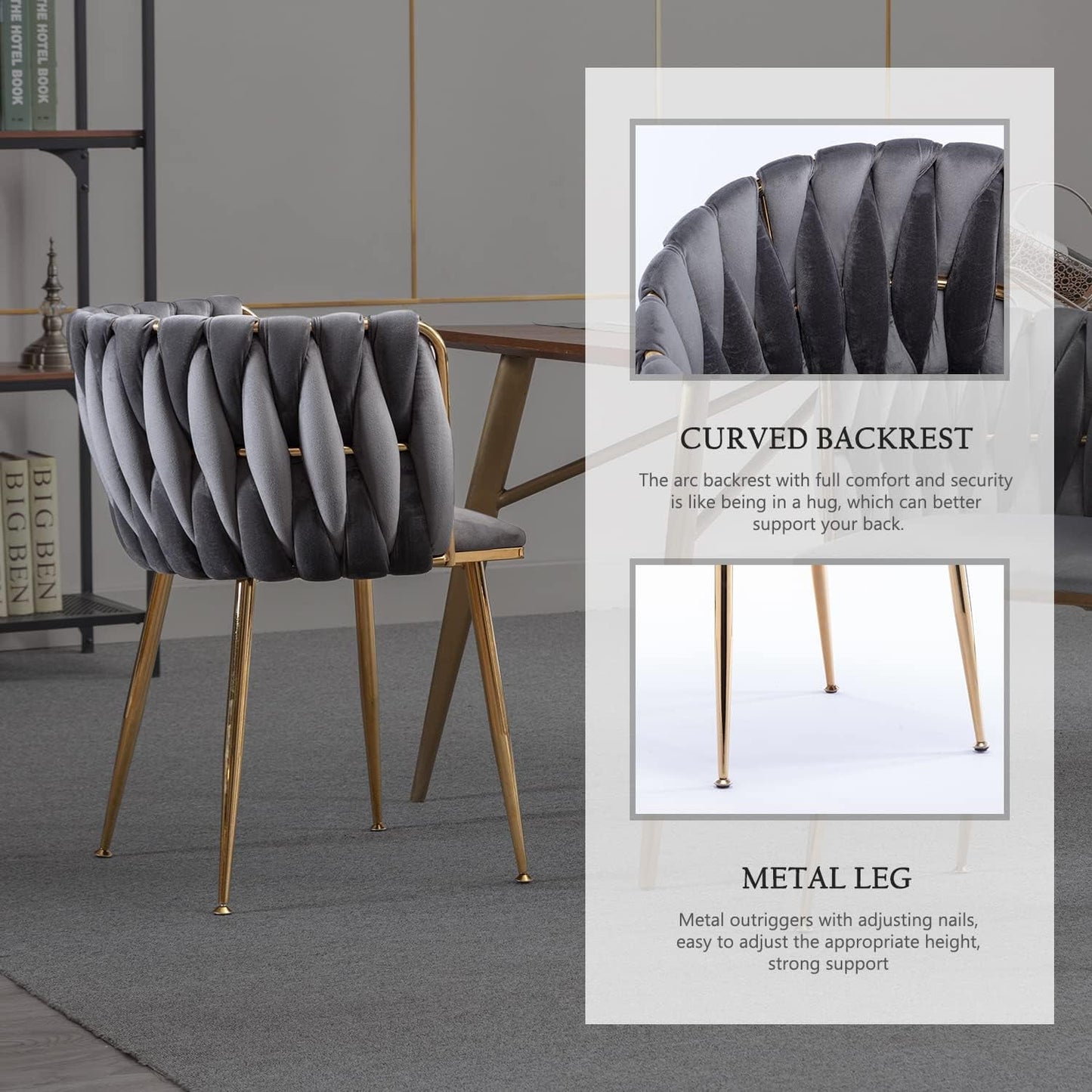 Velvet Dining Chairs Set of 4, Modern Dining Chair with Gold Metal Legs, Luxury Tufted Dining Chairs for Living Room, Bedroom, Kitchen (Grey)-4