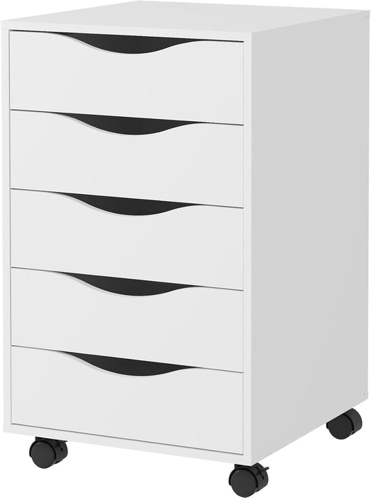 5 Drawer Chest Wood File Cabinet Rolling Storage Dresser with Wheels for Home Office, White-0