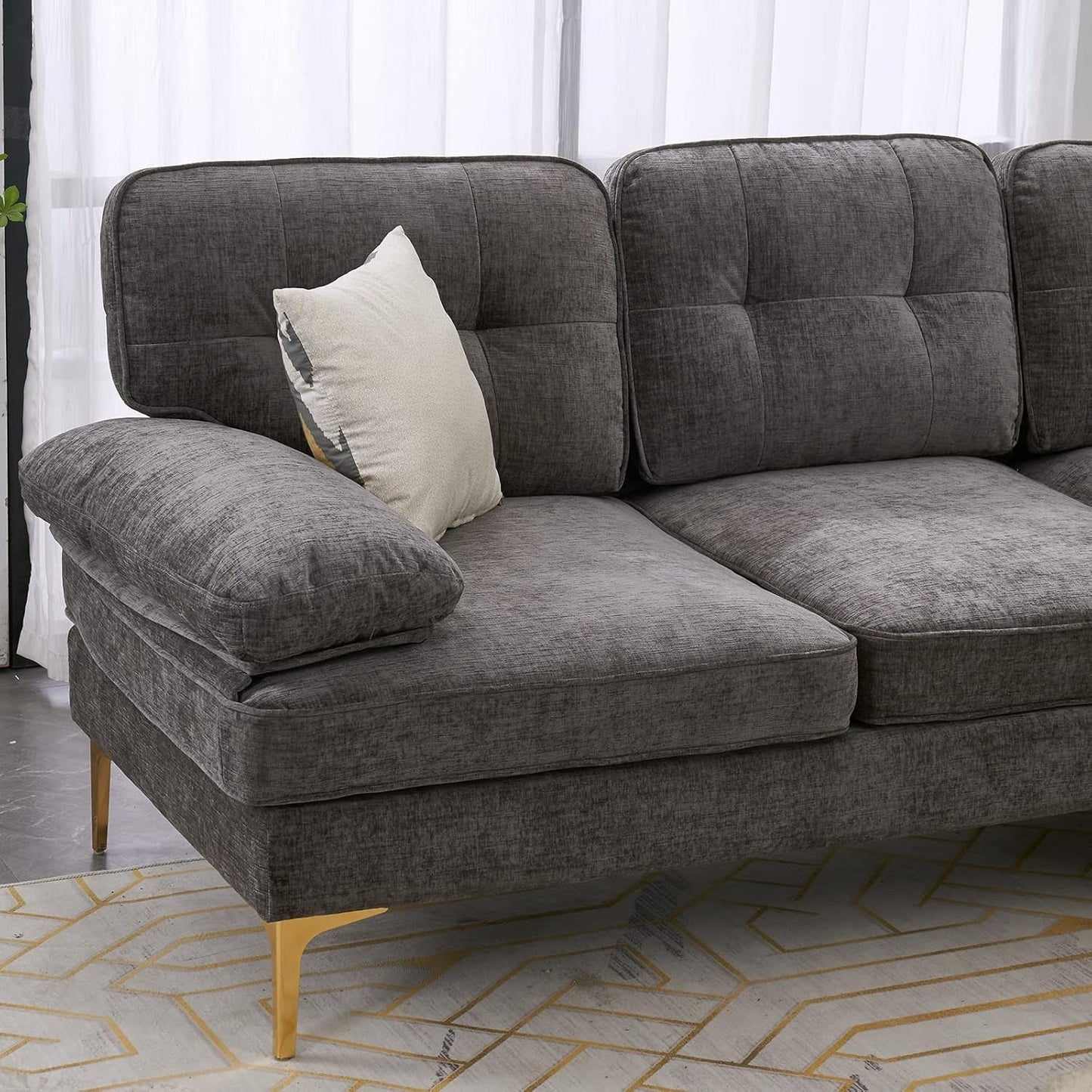 Sectional Sofa 83" L-Shape Sofa Couch 3-Seat Couch with Chaise Chenillefabric Upholstered for Living Room, Apartment, Office, Dark Gray-4