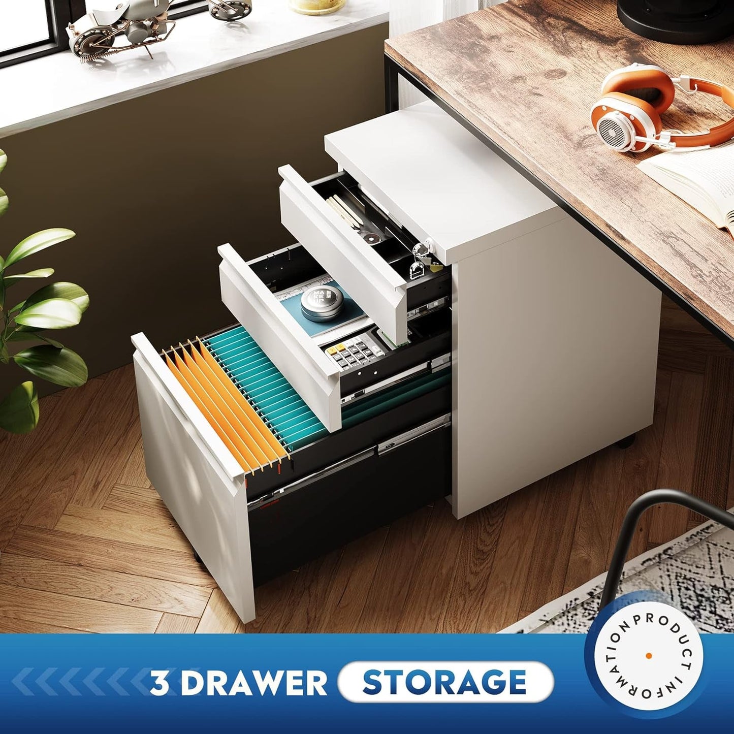 3 Drawer Mobile File Cabinet with Lock, under Desk Metal Filing Cabinet for Legal/Letter/A4 File, Fully Assembled except Wheels, White-3