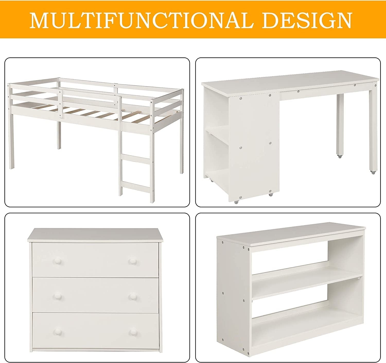 Twin Loft Bed with Rolling Desk/Shelf/Guardrail-2