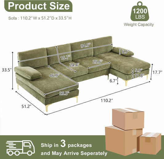 Olive Green 110" U-Shape Sectional Couch Double Chaise-1