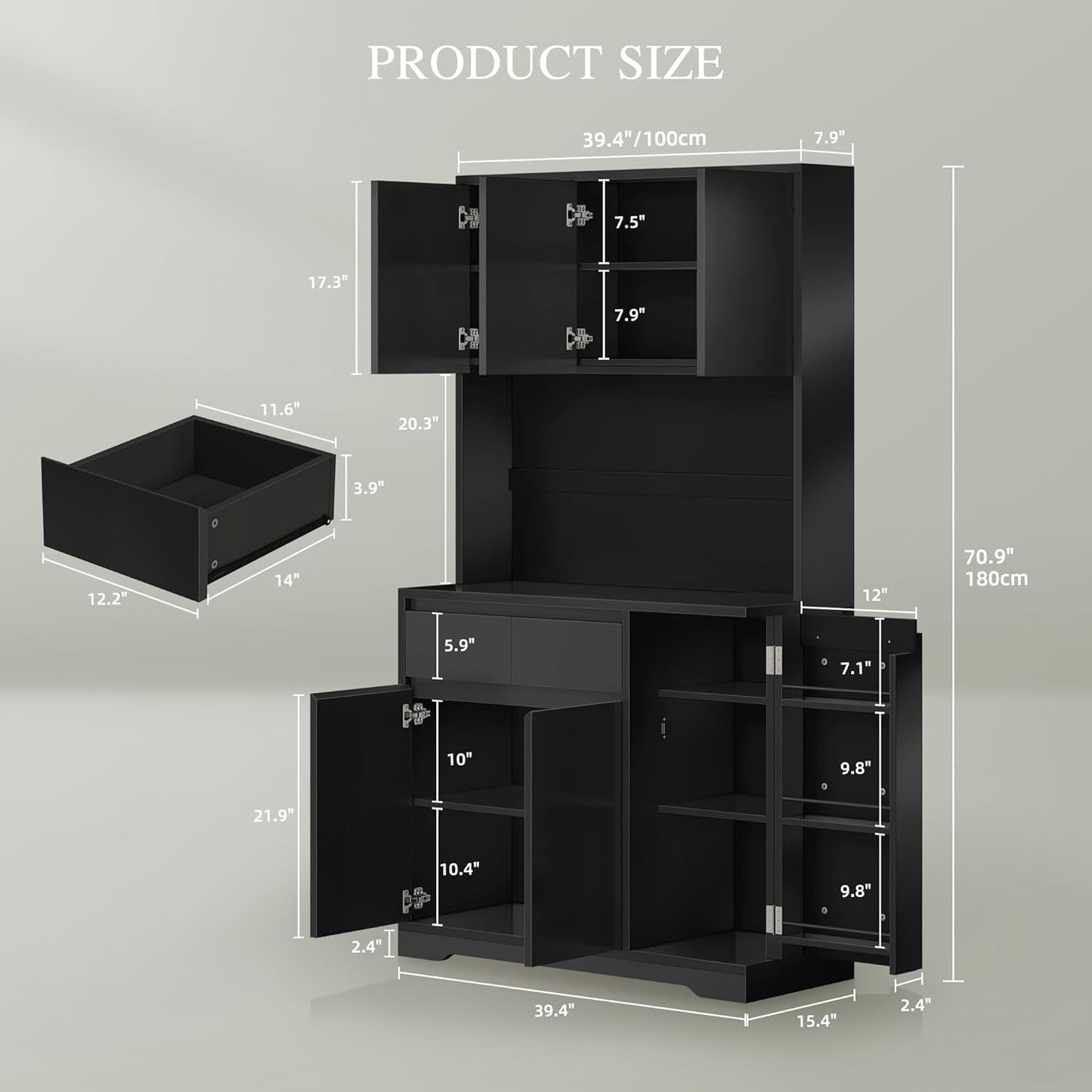71'' Tall Kitchen Pantry Hutch Storage Cabinet with Microwave Stand, Drawer, Doors and Shelves, Outlet & Led Light, Modern Buffet Cabinet for Dining Room, Living Room, Black-2