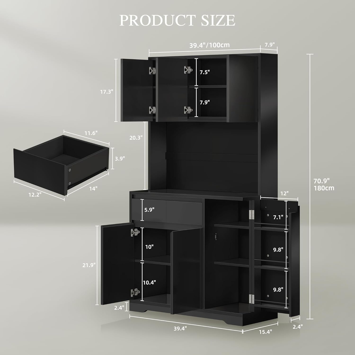 71'' Tall Kitchen Pantry Hutch Storage Cabinet with Microwave Stand, Drawer, Doors and Shelves, Outlet & Led Light, Modern Buffet Cabinet for Dining Room, Living Room, Black-2