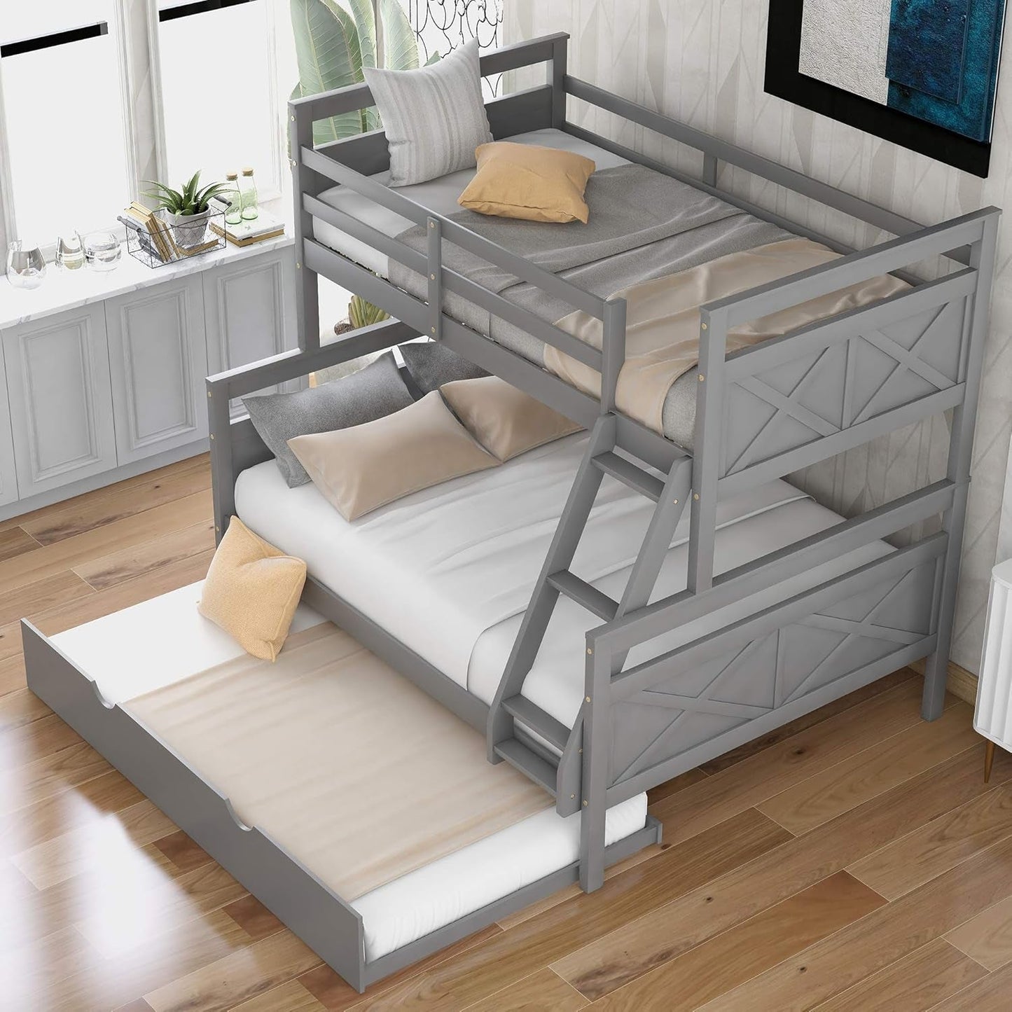 Trundle Bunk Bed, Twin over Full Wood Bunk Bed with Twin Size Trundle, Solid Wood Bunk Bed Frame with Guardrail and Ladder, Grey-0