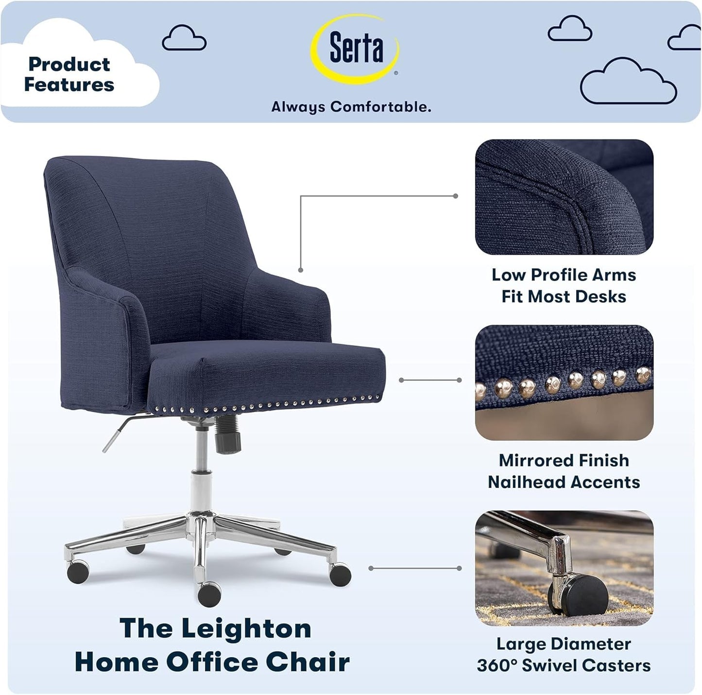 Leighton Home Office Memory Foam, Height-Adjustable Desk Accent Chair with Chrome-Finished Stainless-Steel Base, Blue-2