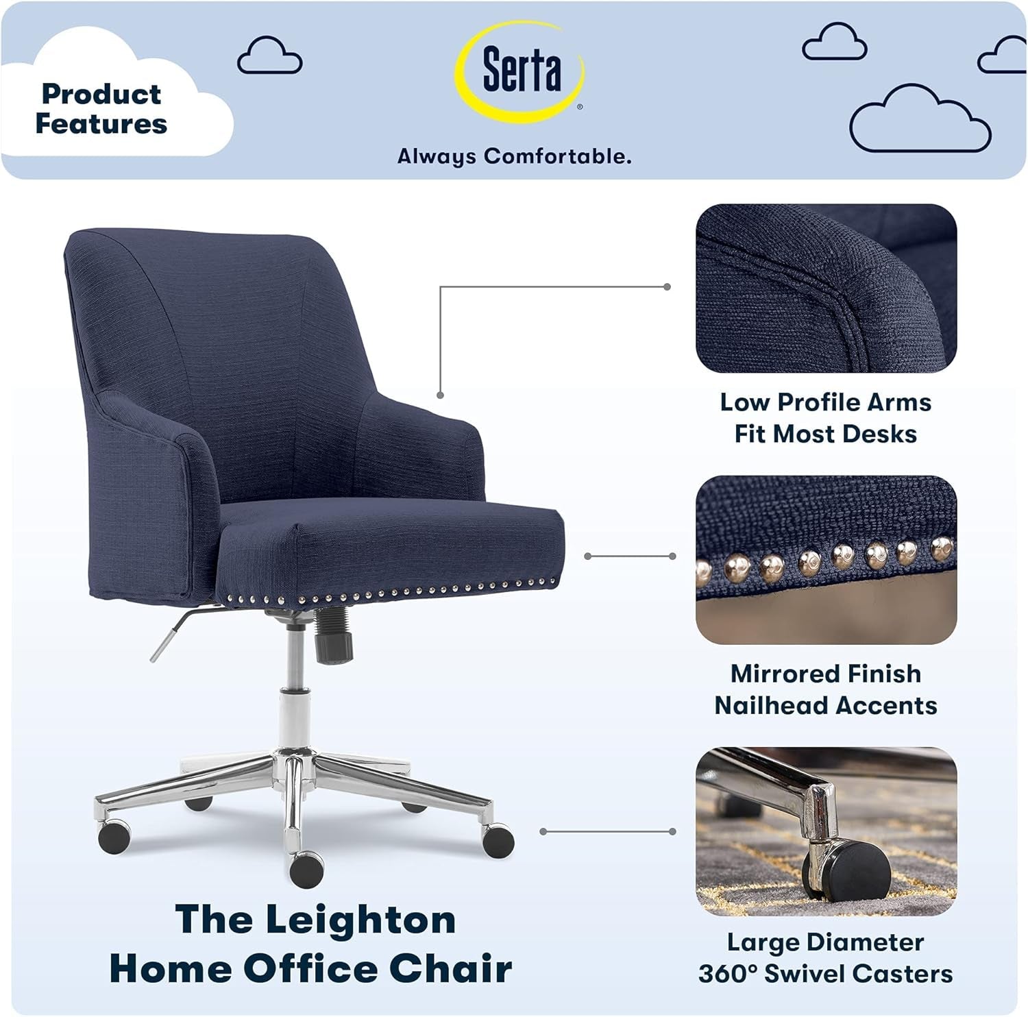 Leighton Home Office Memory Foam, Height-Adjustable Desk Accent Chair with Chrome-Finished Stainless-Steel Base, Blue-2