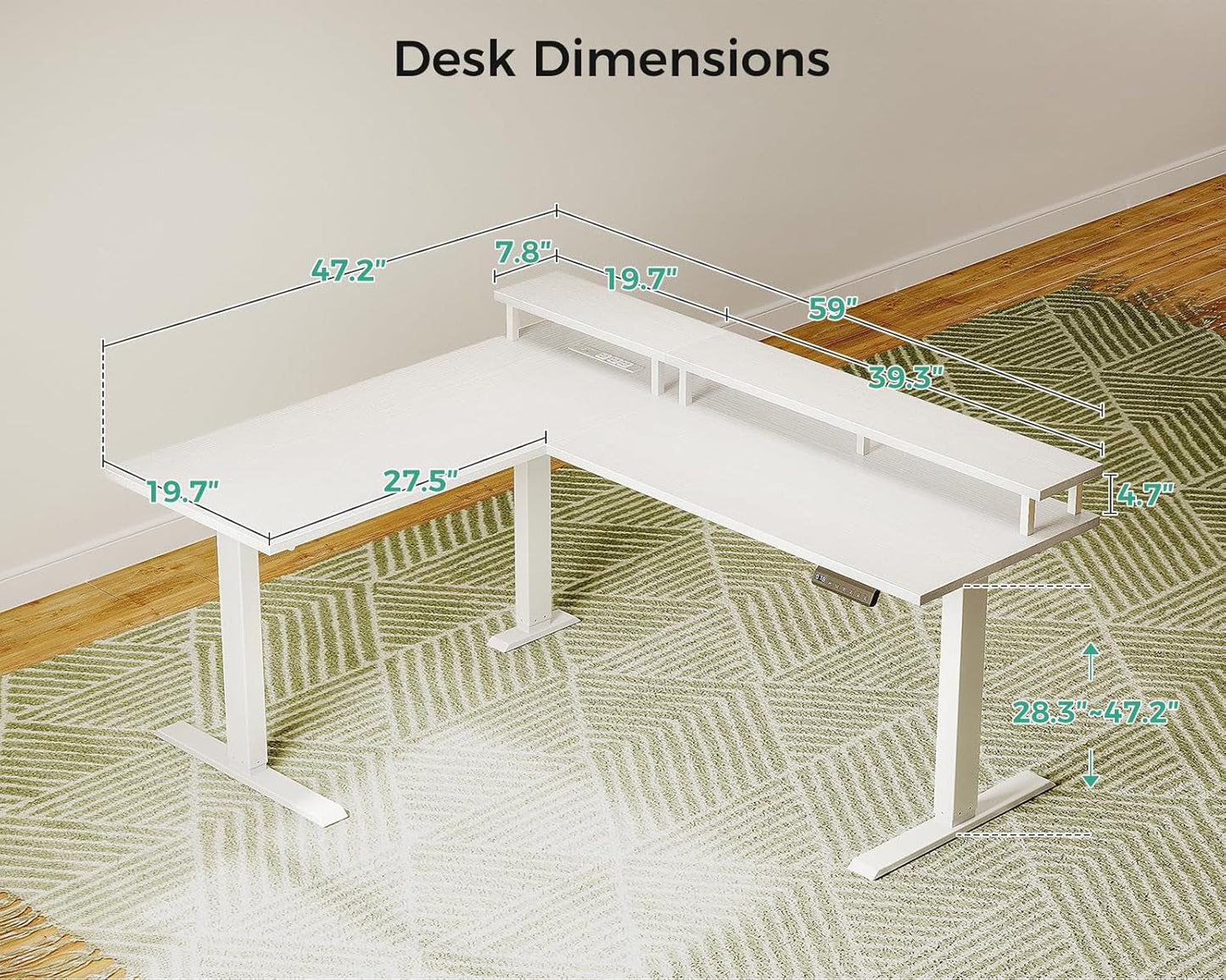 Electric L-Shaped Standing Desk, 59 Inch Height Adjustable Office Desk with Monitor Stand, Sit-Stand Desk with Power Outlets, Large Lift Table for Home, Office, Workstation, White-2