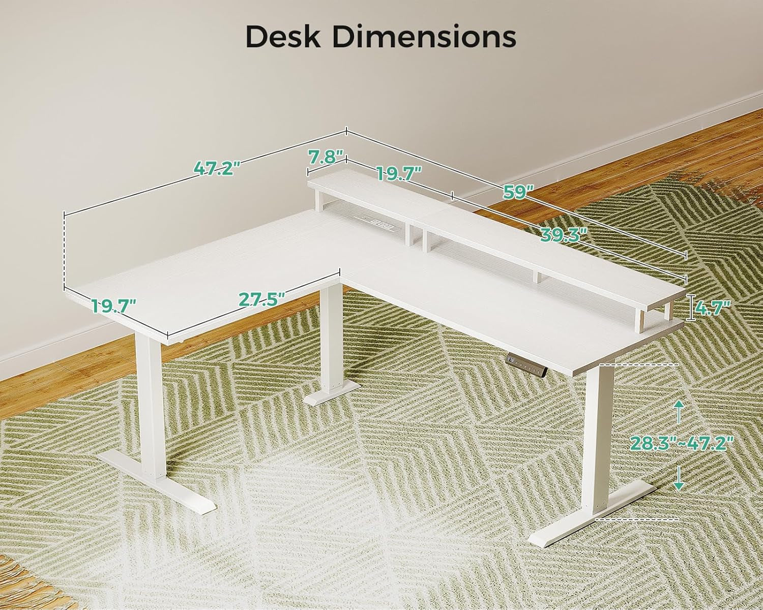 Electric L-Shaped Standing Desk, 59 Inch Height Adjustable Office Desk with Monitor Stand, Sit-Stand Desk with Power Outlets, Large Lift Table for Home, Office, Workstation, White-2