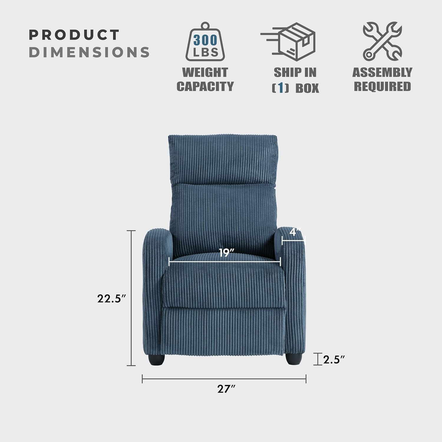 Midnight Blue Corduroy Pushback Recliner Chair Living Office-1