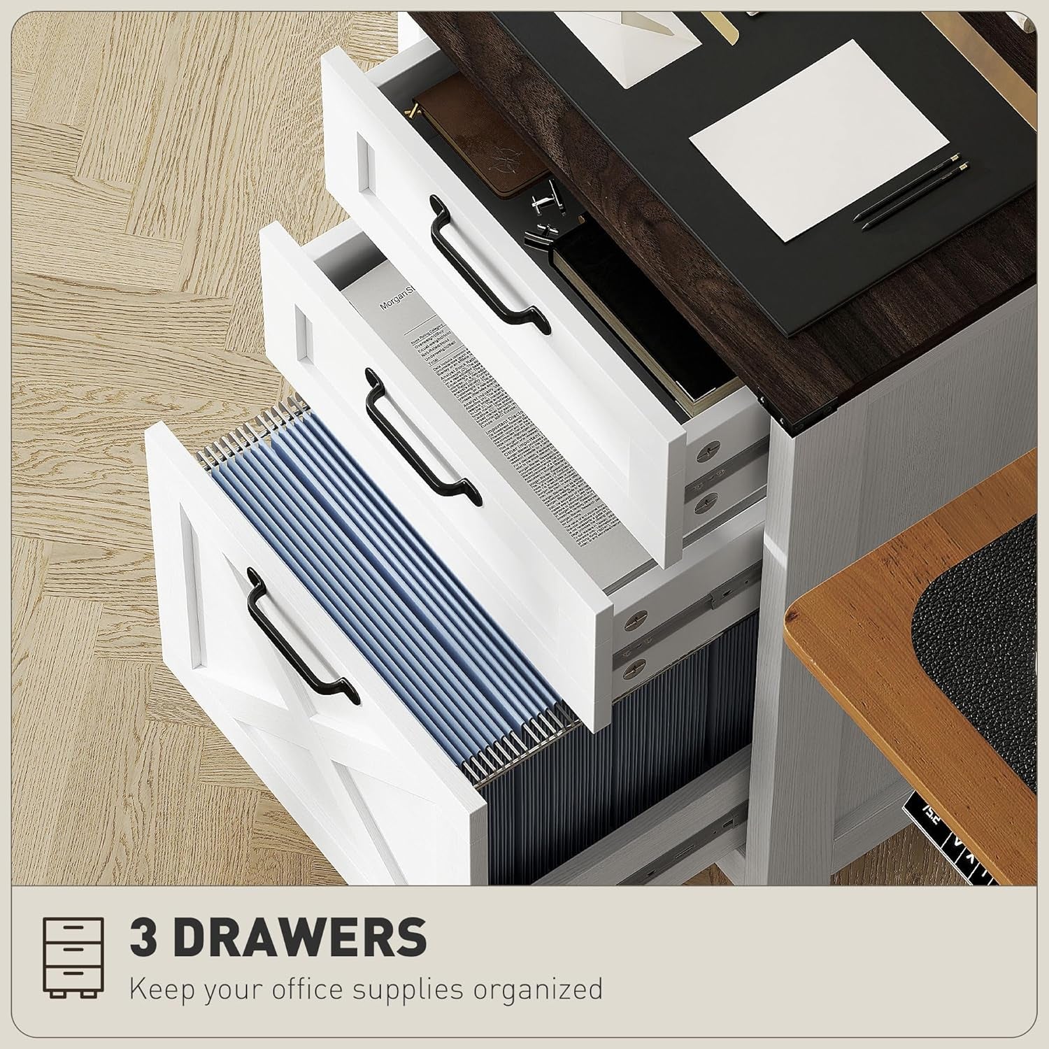 3 Drawer File Cabinet with Silent Slides, Vertical Filing Cabinet for Hanging A4/Letter Size, Rustic Farmhouse Printer Stand with Storage for Home Office, Distressed White-4
