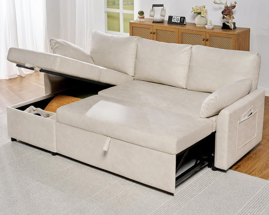 Sleeper Sofa, Sofa Bed- 2 in 1 Pull Out Couch Bed with Storage Chaise, Sofa Sleeper Couch for Living Room, Off-White Leathaire Sofa-0