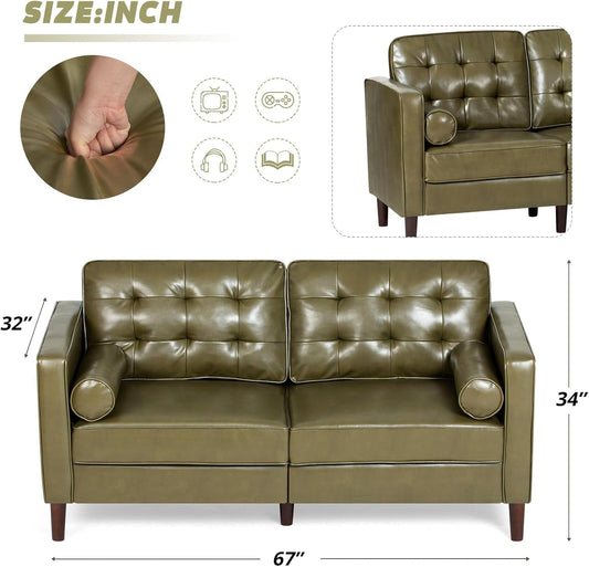 2 Pieces Faux Leather Couch Set, Upholstered 3 Seat & Loveseat Sofa with Bolster Pillows, Mid Century Modern Couch Set with Wooden Legs for Living Room, Bedroom, Office. Olive Green-1