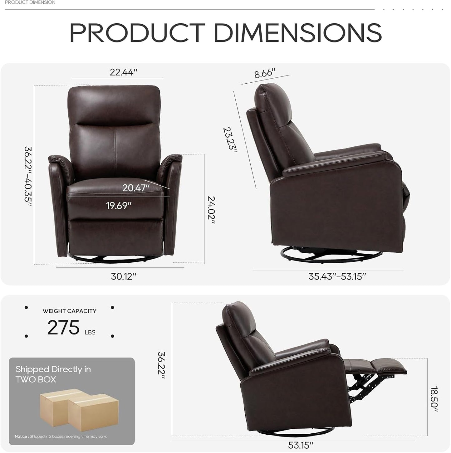 Swivel Rocking Recliner Glider Chair, Leather Reclining Rocker Chair with Footrest for Living Room, Nursery, Office, Bedroom, Wide Seat Cushion and Metal Base-Chocolate-1
