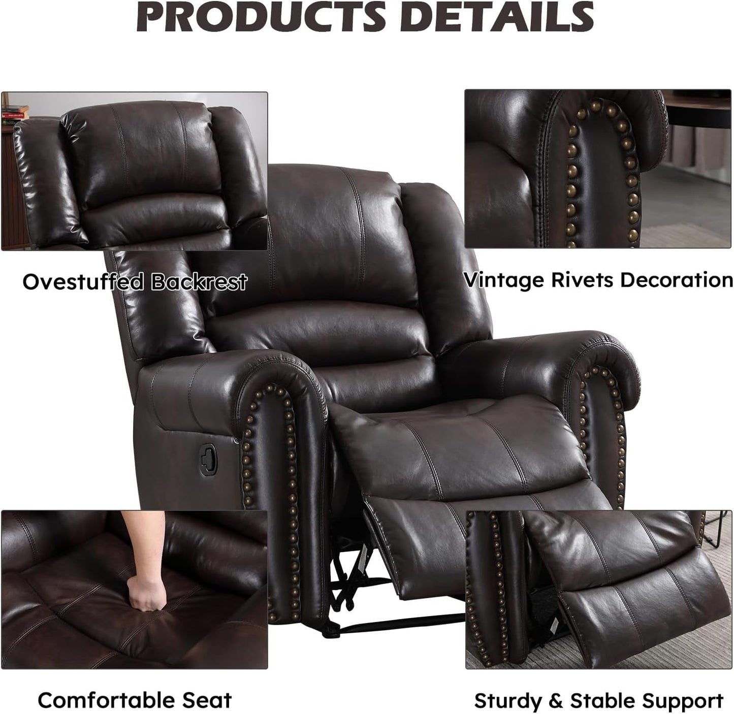 Leather Recliner Chair, Classic and Traditional Manual Recliner Chair with Comfortable Arms and Back Single Sofa for Living Room, Dark Brown-3