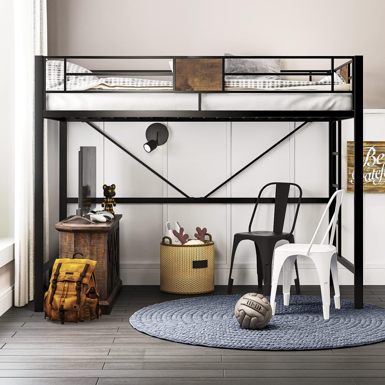 Loft Bed Twin Size with Ladder and Guardrail,Rustic Design,Metal Slats Support No Box Spring Needed Small Space Saving Furniture for Bedroom Dorm-2