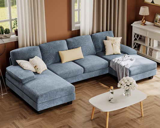 Sectional Couches for Living Room, U-Shaped Sofa Couch with Linen Fabric, 4 Seat Sofa Set with Double Chaise for Apartment (Fabric, Light Blue)-0