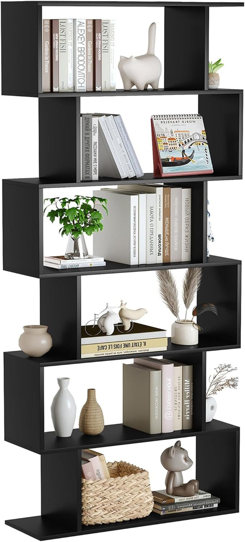 6-Tier Black S-Shaped Modern Geometric Bookshelf-0