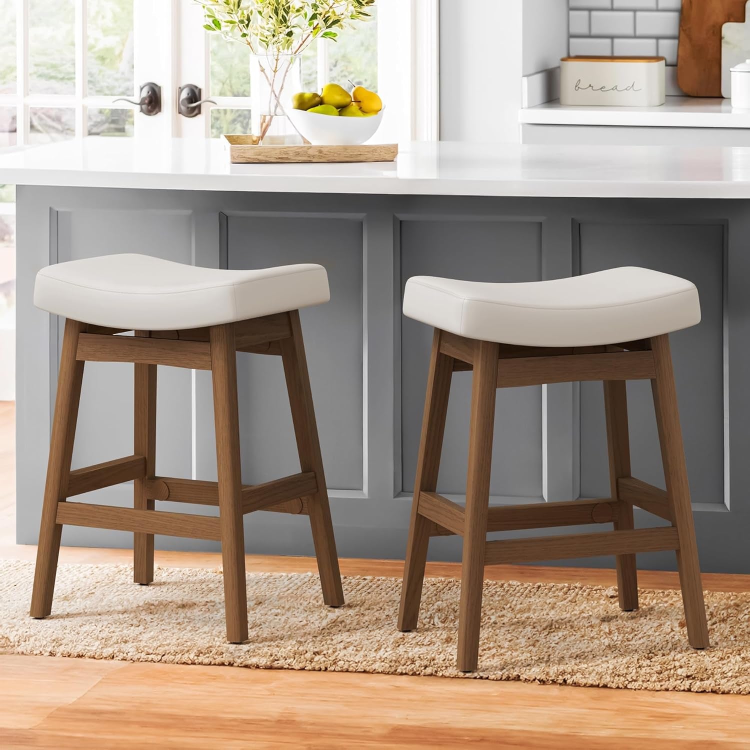 Bar Stools Set of 2, Barstools with Sturdy Wood Legs, Saddle Seat Counter Height Bar Stools for Kitchen Counter, Bar, Dining, 24 Inch Farmhouse Counter Stools, Antique White Leather-0