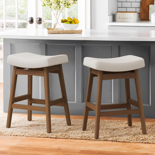 Bar Stools Set of 2, Barstools with Sturdy Wood Legs, Saddle Seat Counter Height Bar Stools for Kitchen Counter, Bar, Dining, 24 Inch Farmhouse Counter Stools, Antique White Leather-0