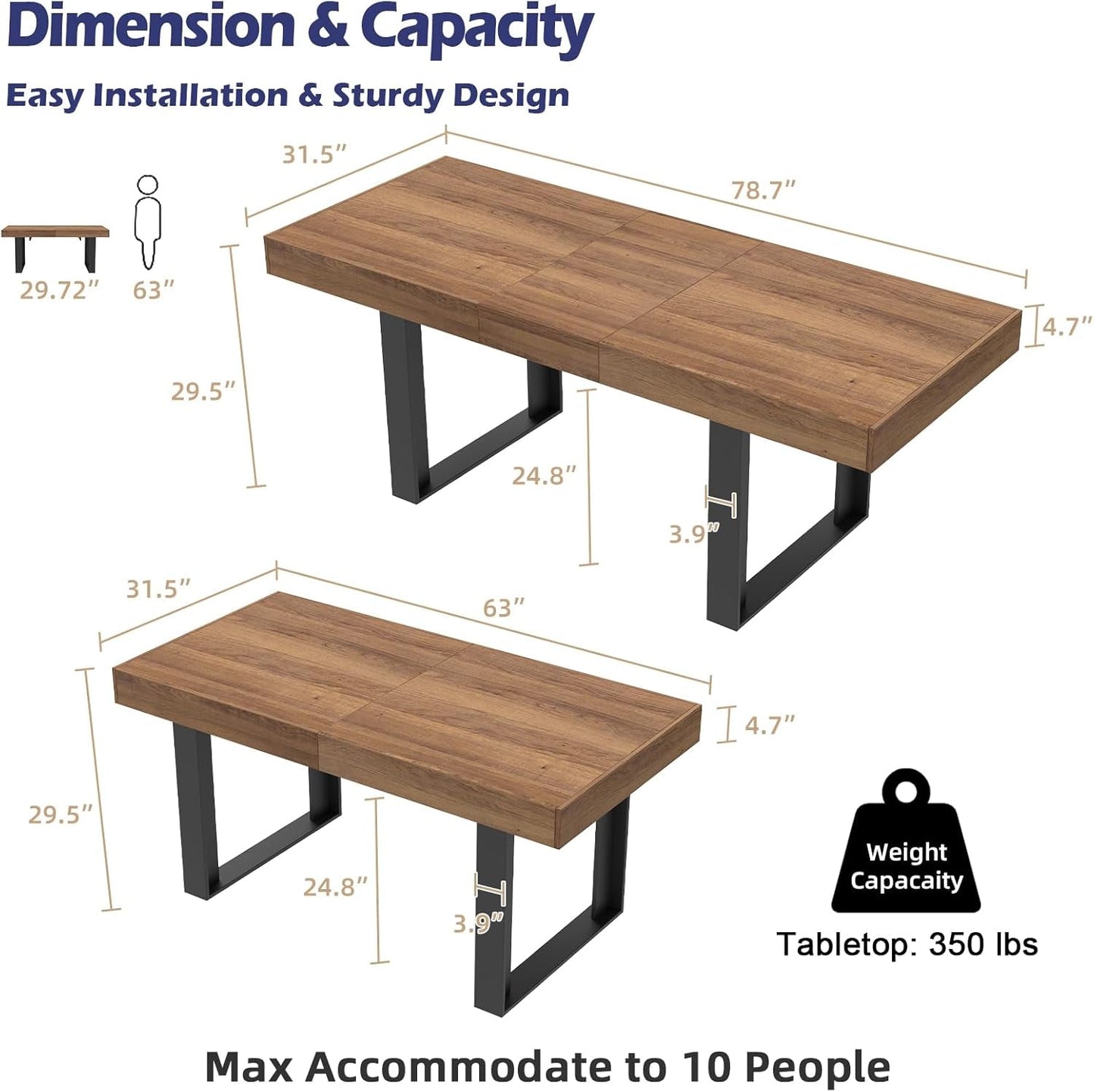 63”-79” Extendable Dining Room Table, Modern Farmhouse Wooden Kitchen Table, Long Expandable Dining Table for 6 8 10, Large Expanding Table Conference Table (Walnut Brown) (Walnut Brown)-1