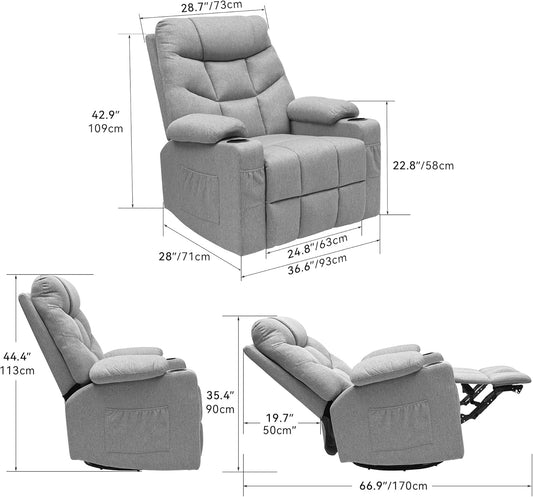 Oversized Swivel Rocking Recliner with Massage and Heat for Big and Tall, Fabric Rocker Recliner Chair with Cup Holders and Side Pocket, Comfy Home Theater Seating for Living Room, Gray-1