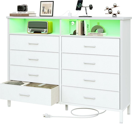 Dresser for Bedroom White Bedroom Dresser with LED Lights and Charging Station, 8 Long Fabric Drawers Dresser, Tall Wide Chest of Drawers Storage Organizer TV Stand for up to 60" TV for Living Room-0