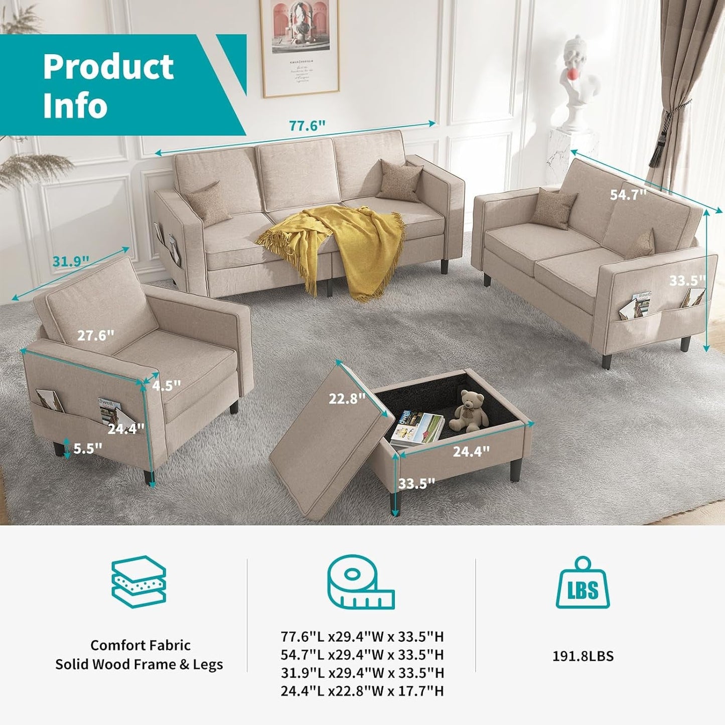 Sectional Sofa Set for Living Room, 4Pcs Couches Modern Sofas with Movable Storage Ottoman/Side Pockets/Modern Sofas/Easy Assembly/Free Combination - Beige-1