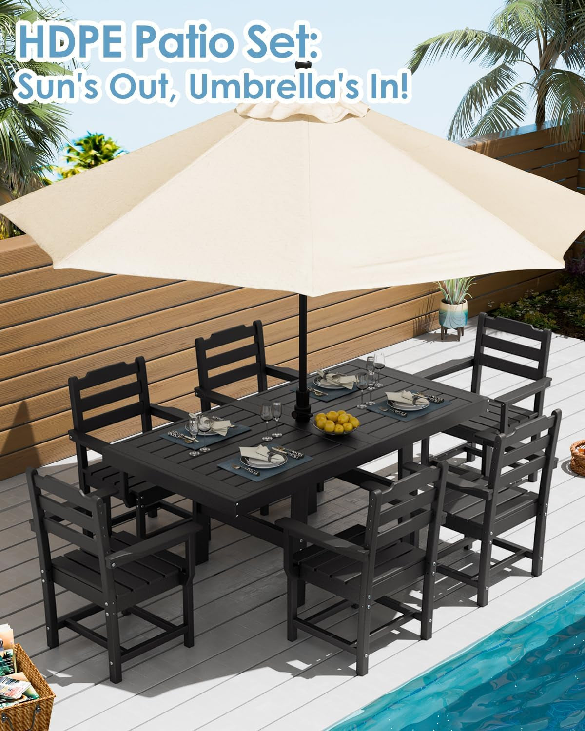 7-Piece Outdoor Dining Set for 6 - All-Weather Patio Furniture HDPE Table with Umbrella Hole and Chairs for Garden, Backyard, Poolside,Balcony, Black-1