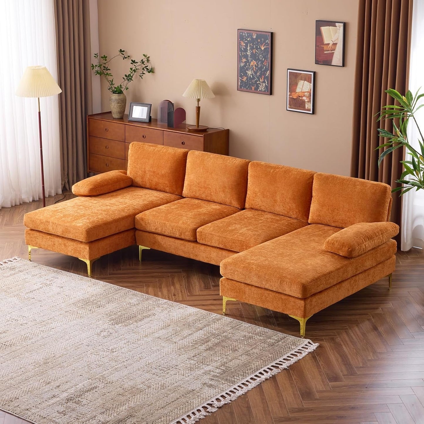 110" Sectional Couches for Living Room,U Shape Couch with Double Chaise, 4-Seat Sofa Set with Chenille Fabric for Home Furniture,Burnt Orange-0