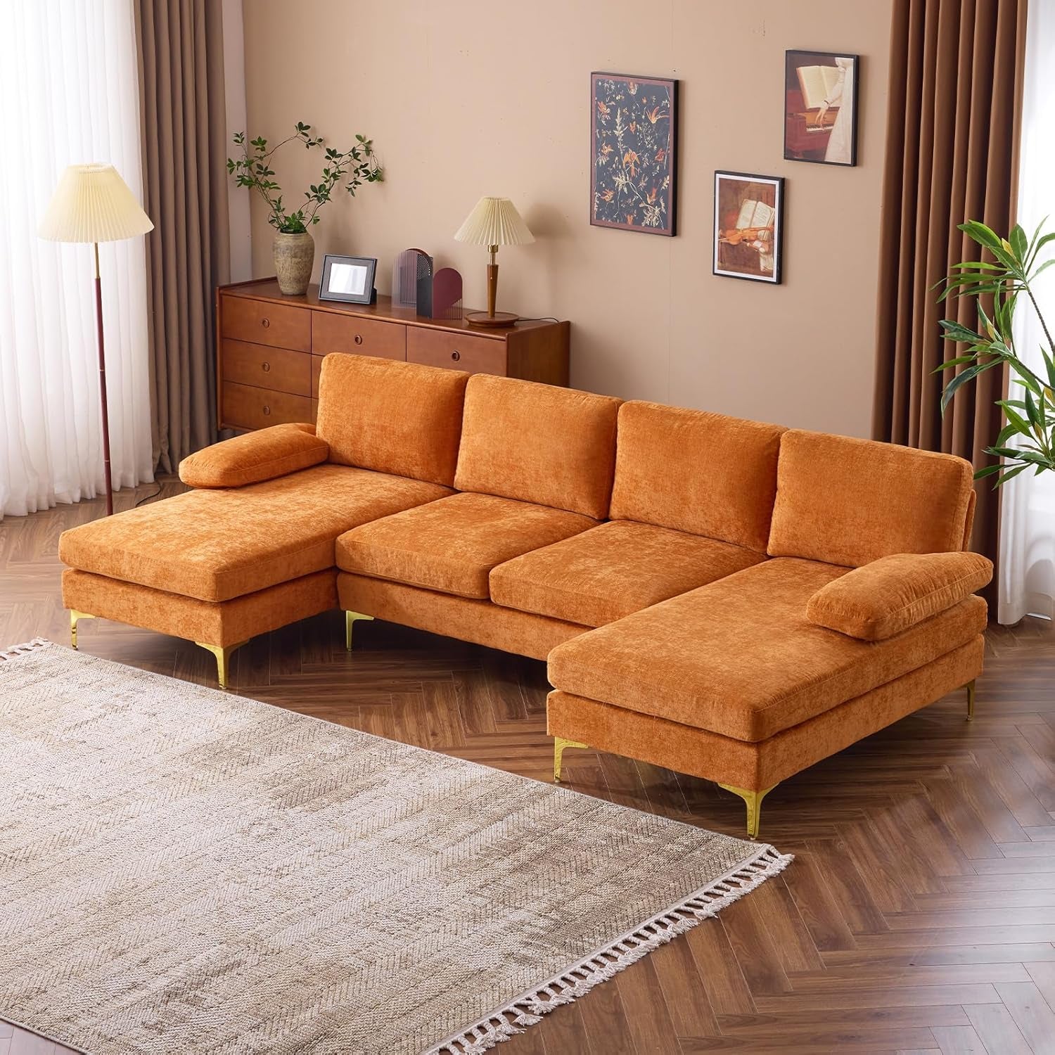 110" Sectional Couches for Living Room,U Shape Couch with Double Chaise, 4-Seat Sofa Set with Chenille Fabric for Home Furniture,Burnt Orange-0