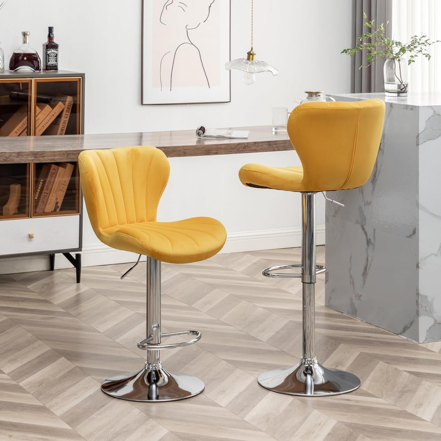 Ellston Velvet Adjustable Swivel Barstools in Yellow, Set of 2-4