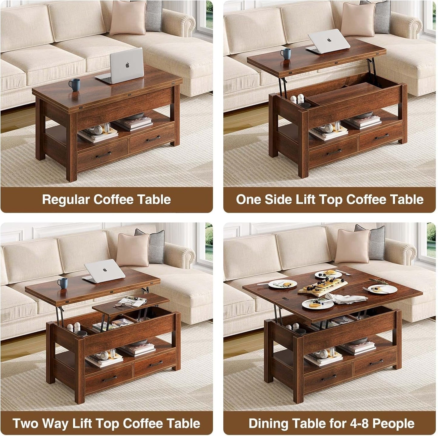 Coffee Table Lift Top, Multi-Function Convertible Coffee Table with Drawers and Hidden Compartment, Coffee Table Converts to Dining Table for Living Room, Home Office,Espresso-3