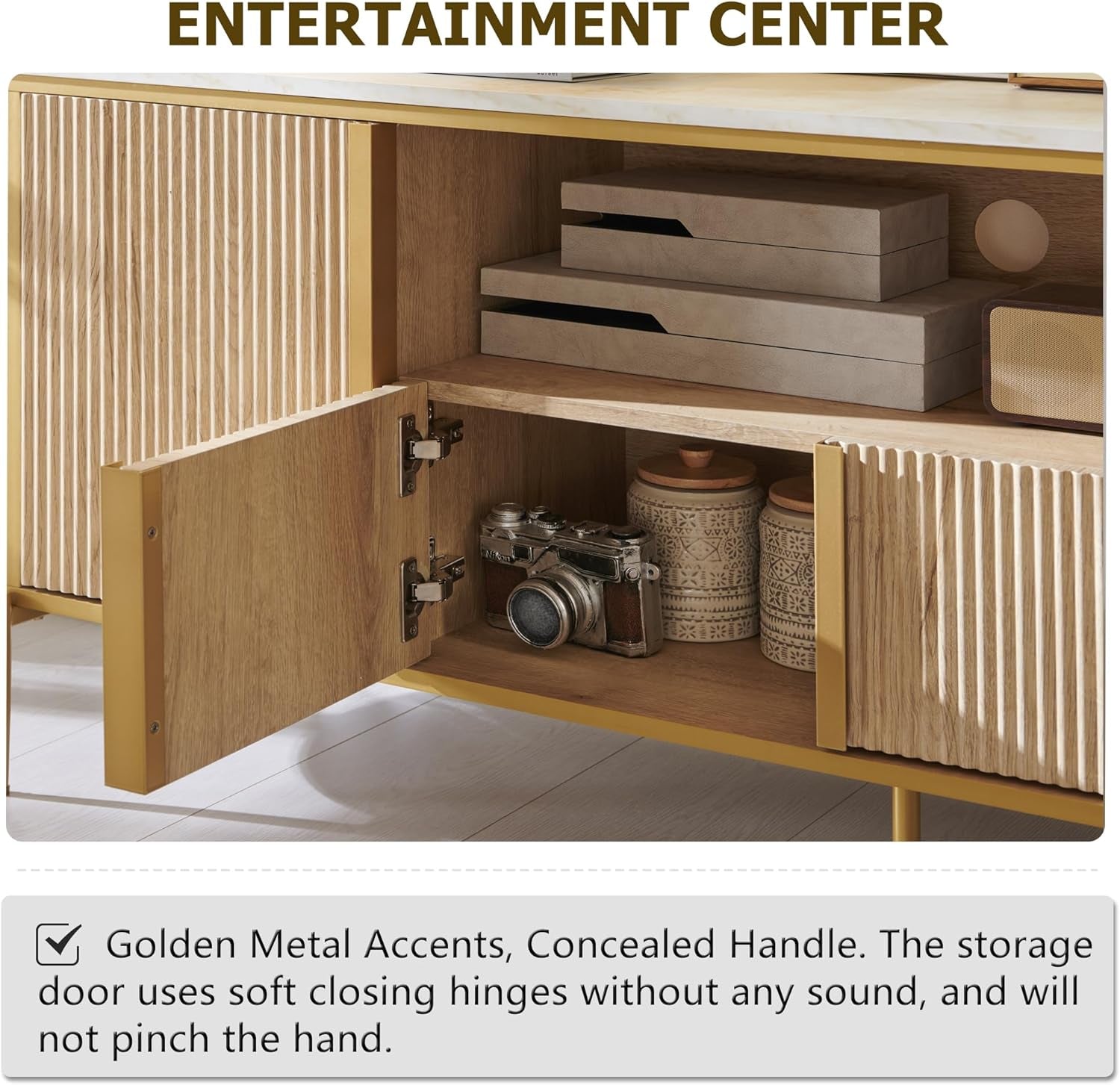 Luxury 70" Fluted TV Stand, Modern Chic Entertainment Center for Tvs up to 80 Inches, TV Console with Faux Marble Top, Curved Profile Design, Media Console for Living Room, Natural Oak-3