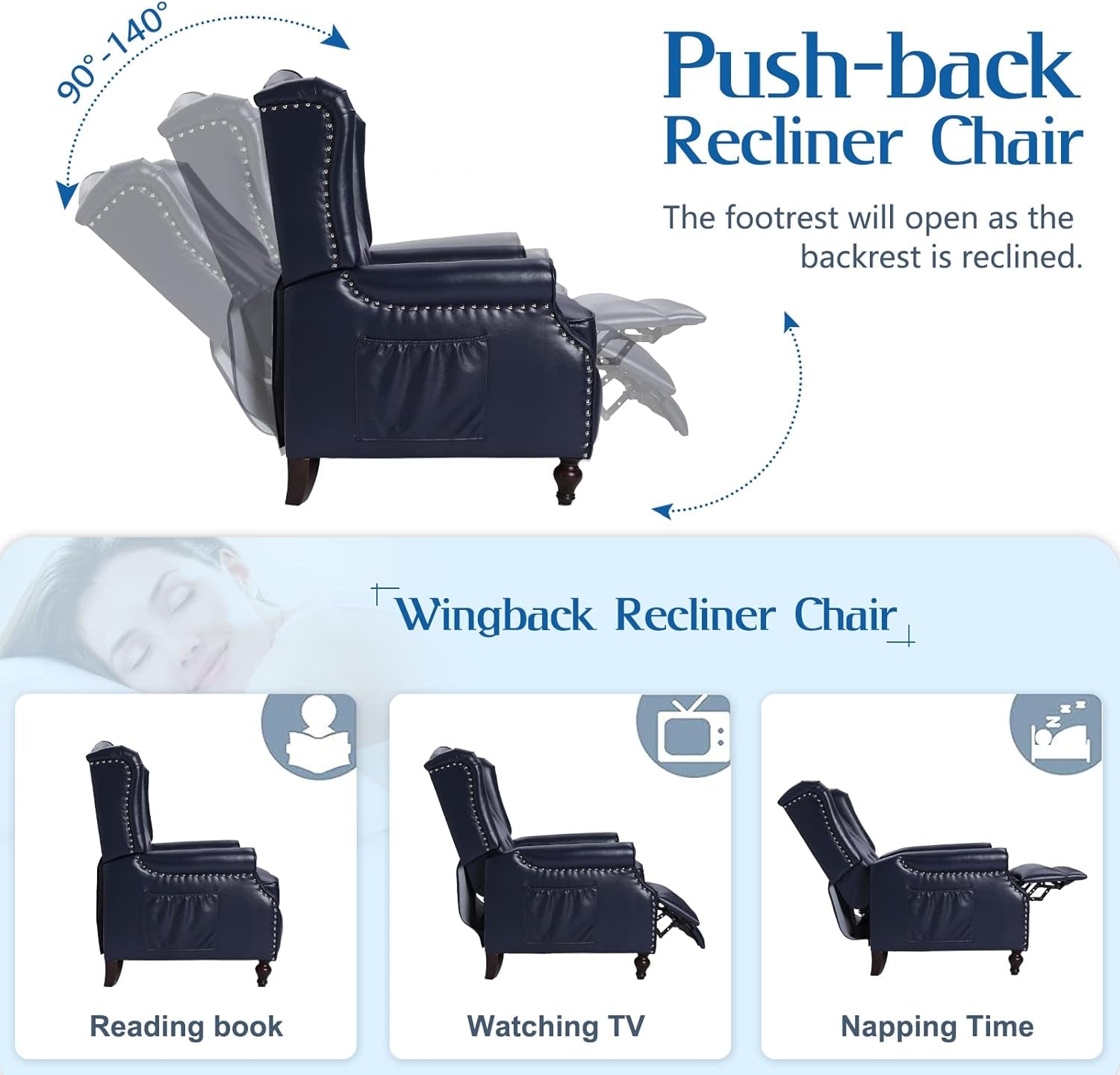 Wingback Recliner Chair with Massage and Heat, Tufted PU Leather Push Back Recliner Chair for Living Room, Leather Wing Back Chair with Remote Control, Padded Cushion, Backrest, Wooden Legs-3
