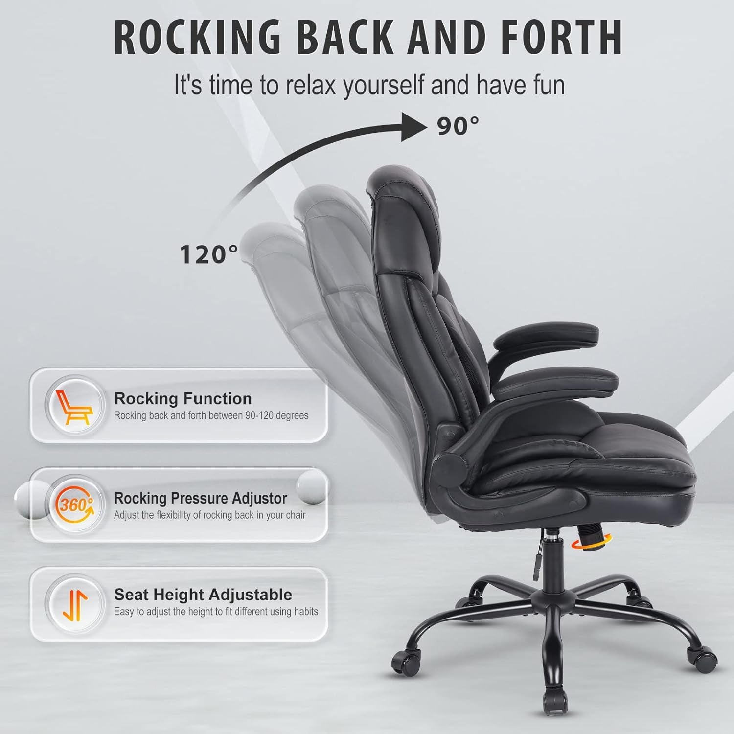 Ergonomic Executive Office Chairs with Lumbar Support, PU Leather Home Office Desk Chairs with Wheels and Flip up Arms, 90-120° Rocking Managerial Executive Chair (Black),Medium(300Lbs)-4